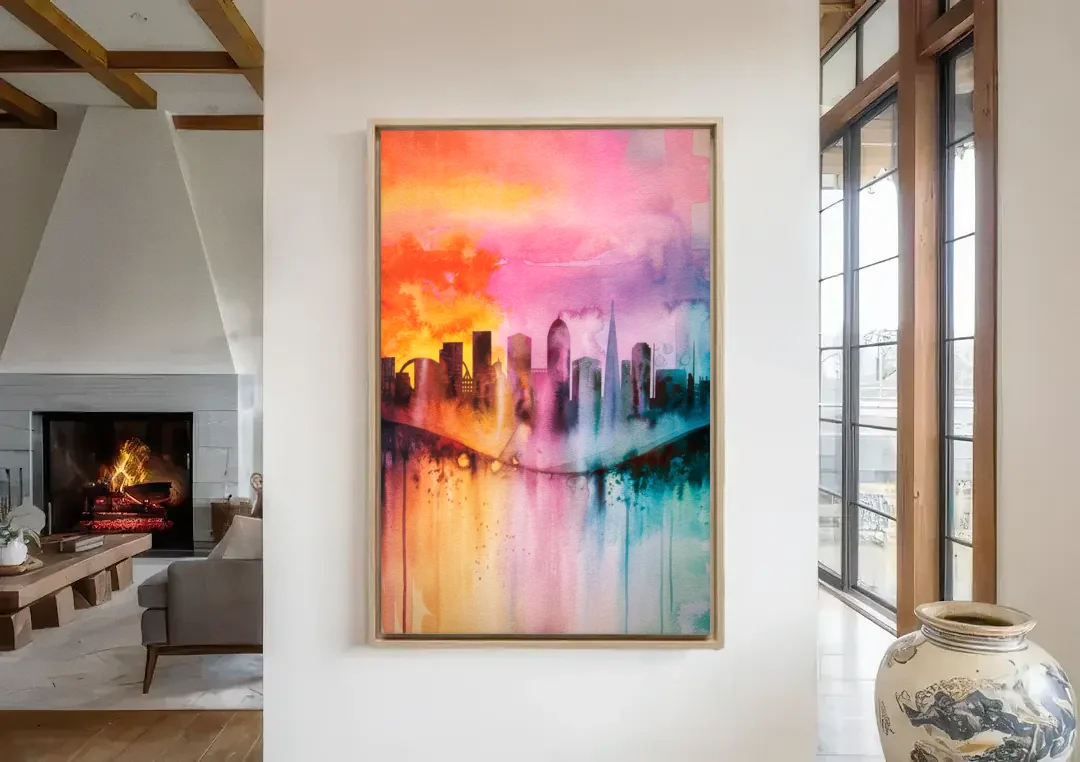Oakland Skyline Sunset canvas wall art in a living room with a fireplace