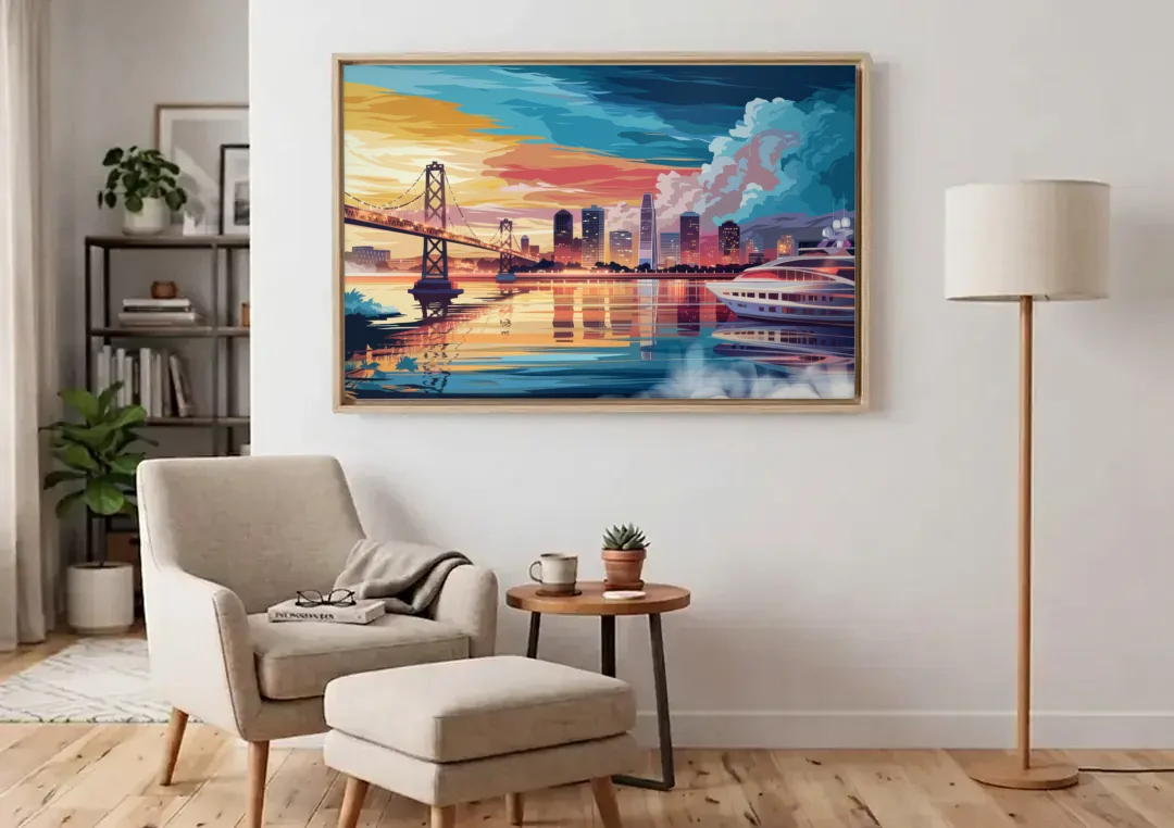 Oakland Waterfront Charm canvas wall art above an armchair in a bright living room