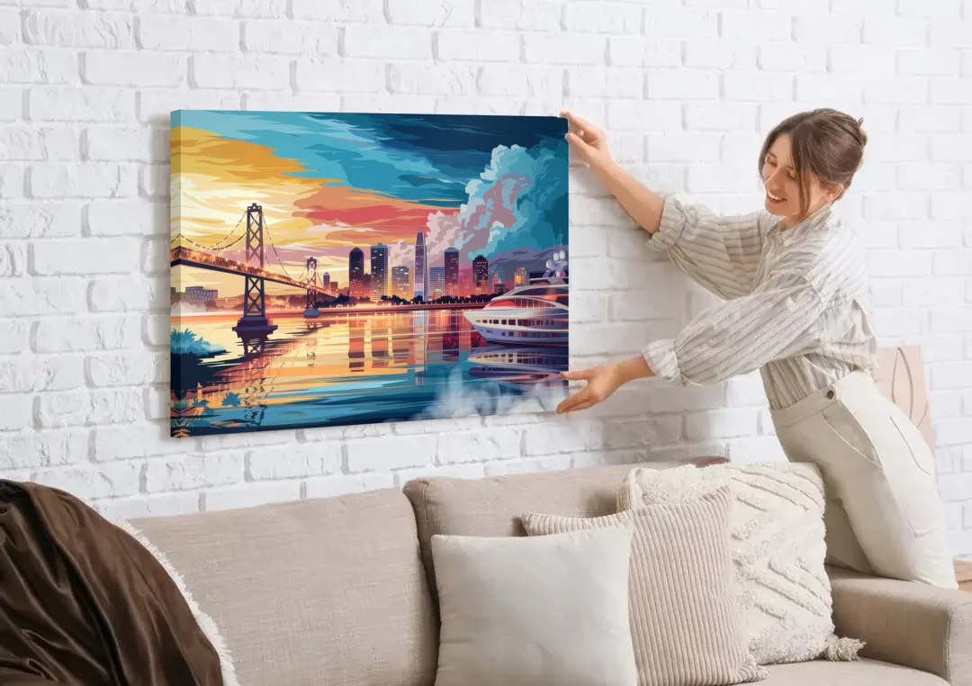 Oakland Waterfront Charm canvas wall art being hung on a white brick wall above a sofa