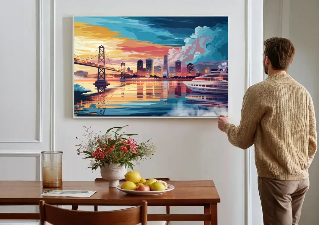 Oakland Waterfront Charm canvas wall art above a dining table
