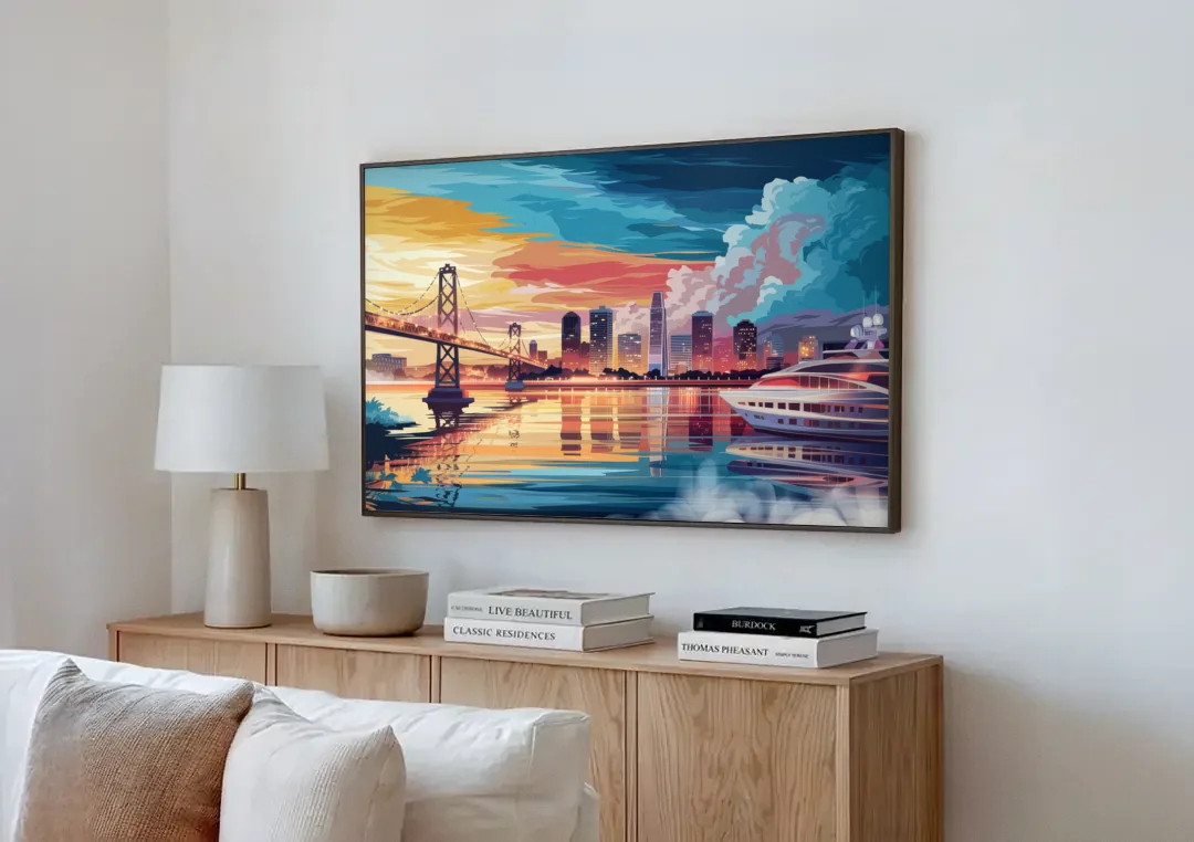 Oakland Waterfront Charm canvas wall art above a wooden sideboard next to a sofa