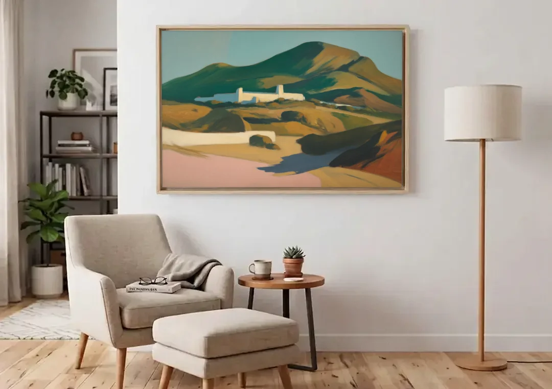 Obispado Hill Vista canvas wall art above an armchair in a bright living room