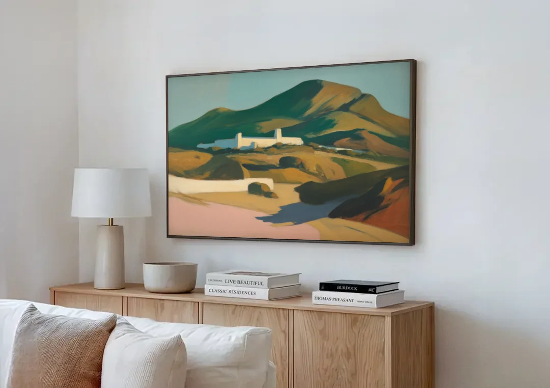 Obispado Hill Vista canvas wall art above a wooden sideboard next to a sofa