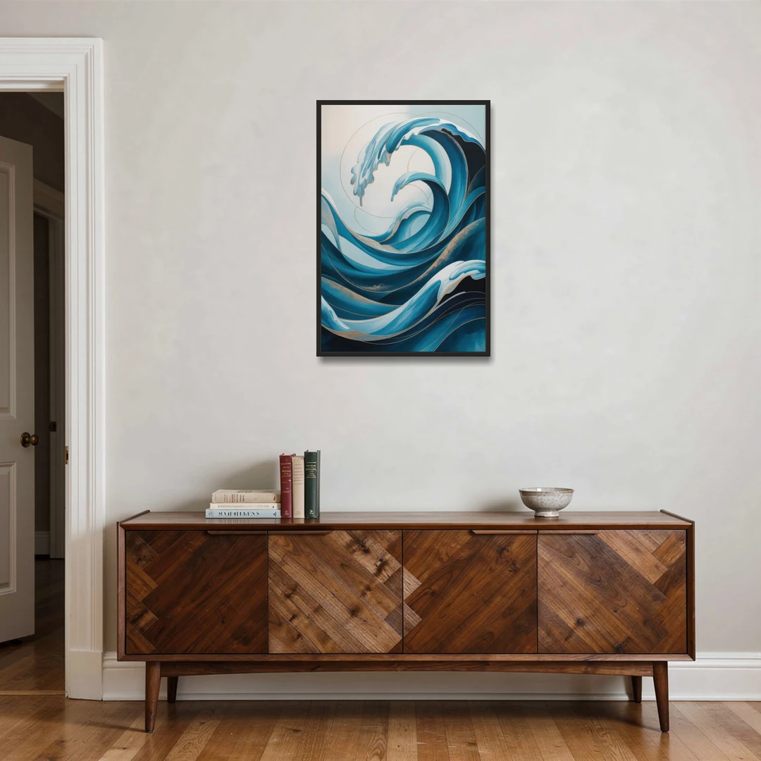 Ocean Currents Blue Abstract - Black Framed Canvas Wall Art - Coffee Table - 24x36