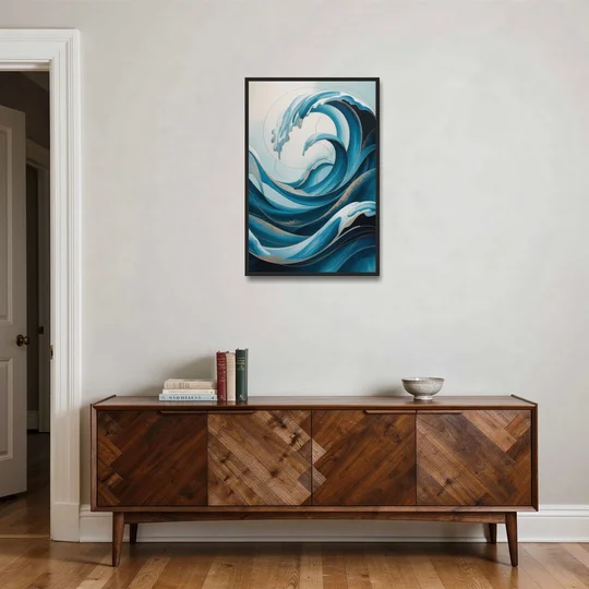 Ocean Currents Blue Abstract - Black Framed Canvas Wall Art - Coffee Table - 24x36