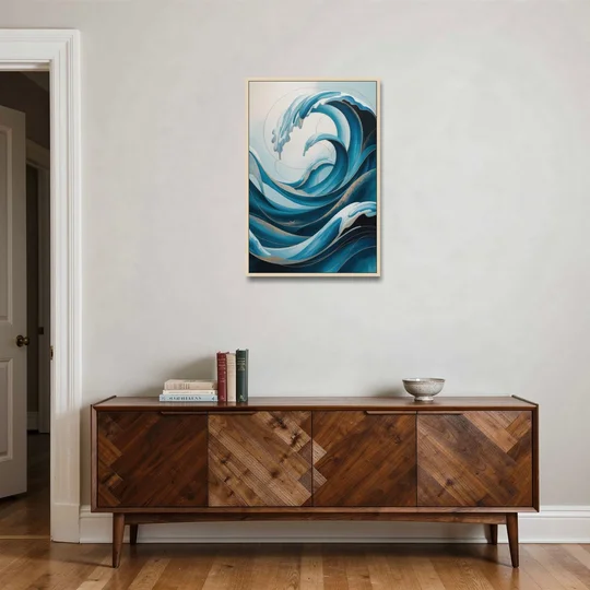 Ocean Currents Blue Abstract - Oak Framed Canvas Wall Art - Coffee Table - 24x36