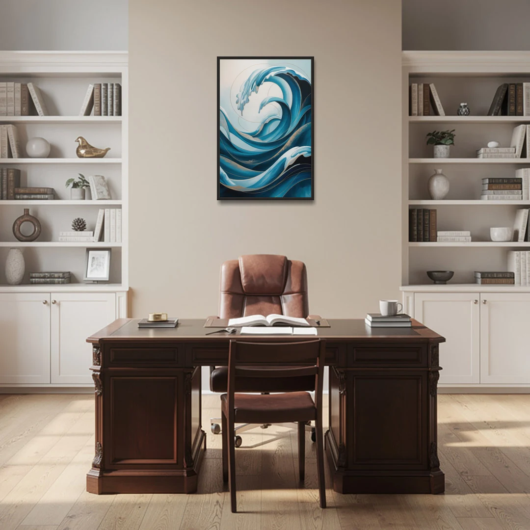 Ocean Currents Blue Abstract - Black Framed Canvas Wall Art - Office - 24x36