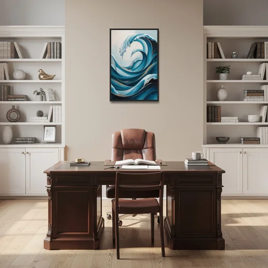 Ocean Currents Blue Abstract - Black Framed Canvas Wall Art - Office - 24x36