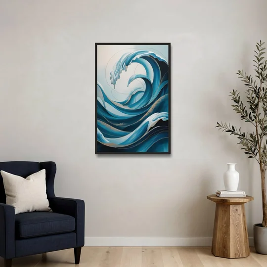 Ocean Currents Blue Abstract - Black Framed Canvas Wall Art - Sofa - 24x36