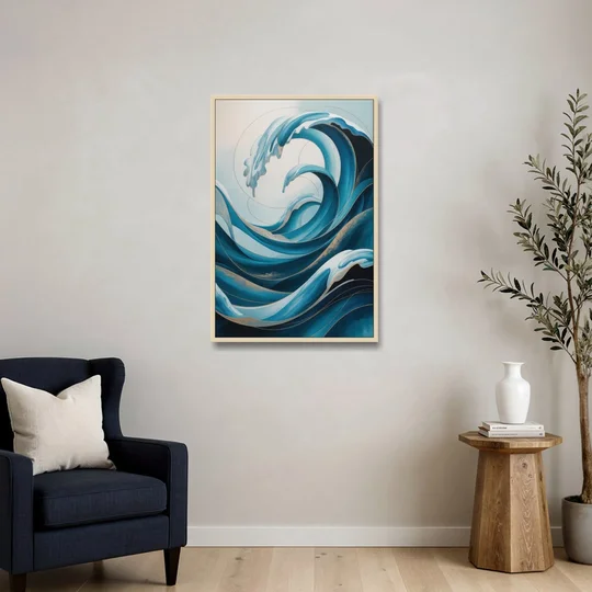 Ocean Currents Blue Abstract - Oak Framed Canvas Wall Art - Sofa - 24x36