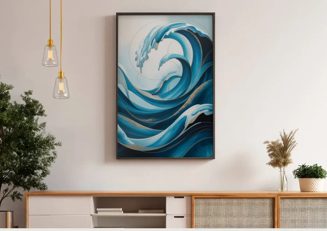 Ocean Currents Blue Abstract canvas wall art above a wooden sideboard under pendant lights
