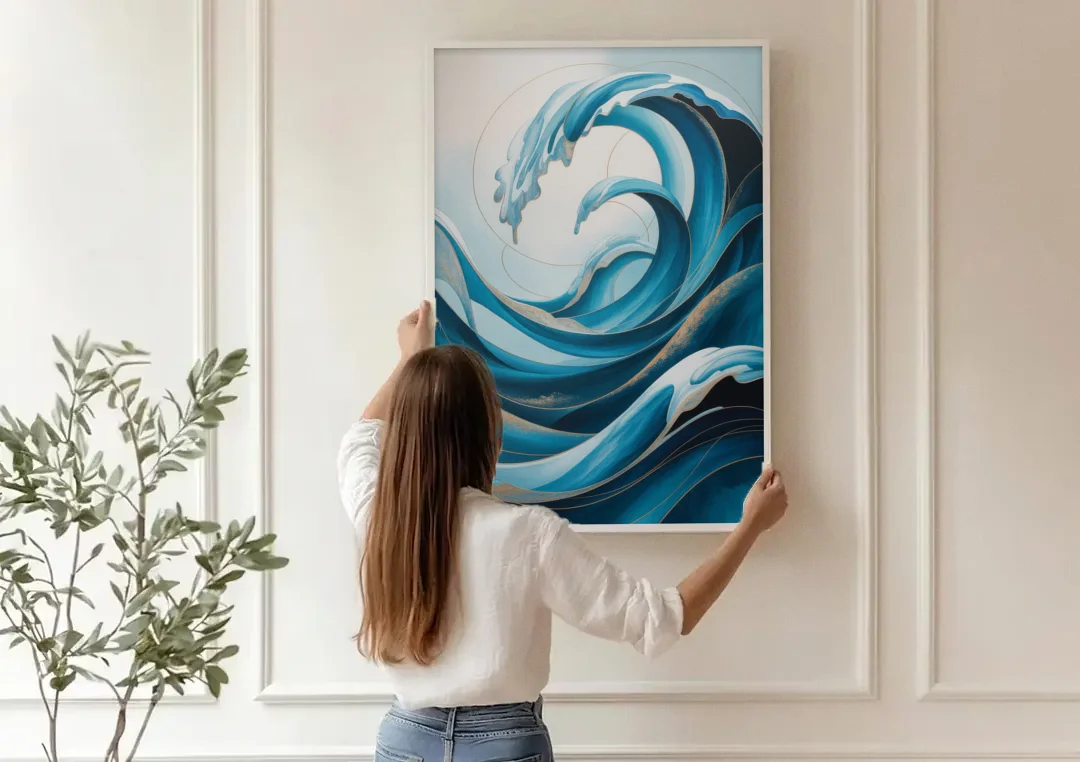 Ocean Currents Blue Abstract canvas wall art being hung on a paneled wall