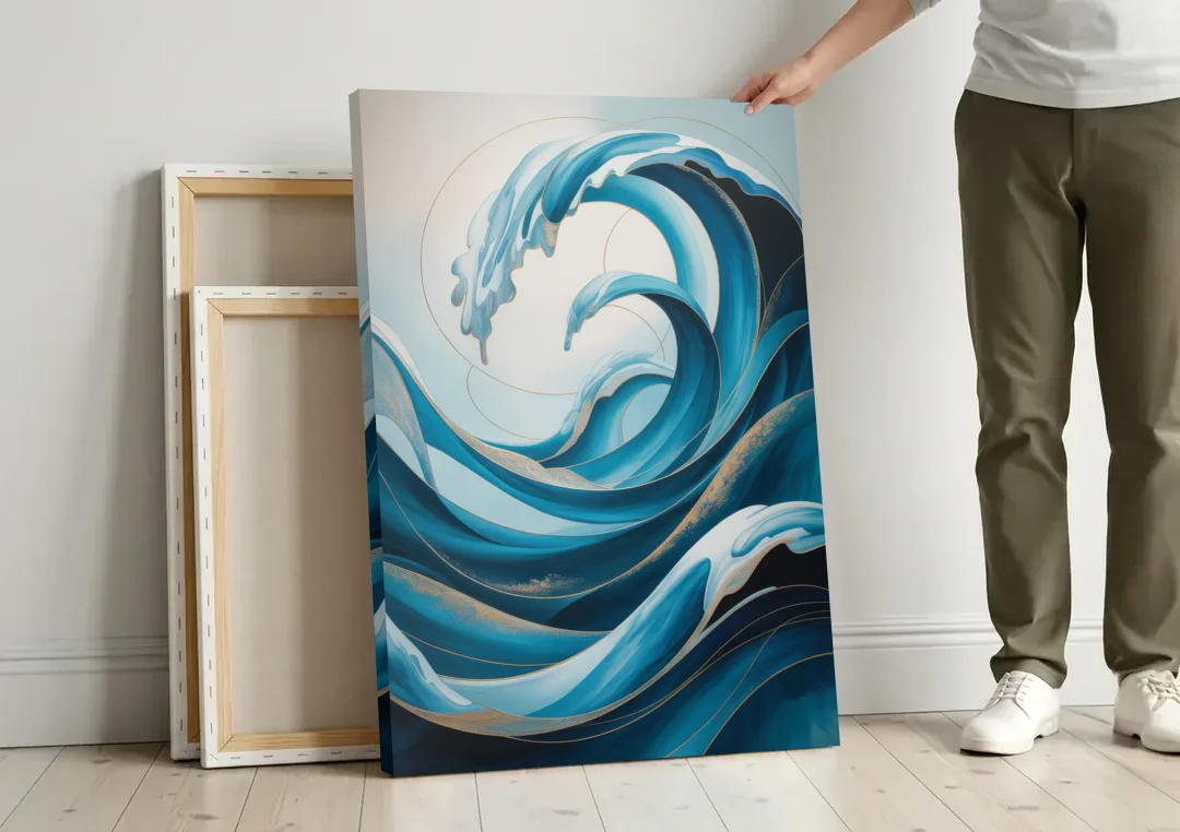 Ocean Currents Blue Abstract canvas wall art leaning against a wall next to blank canvases