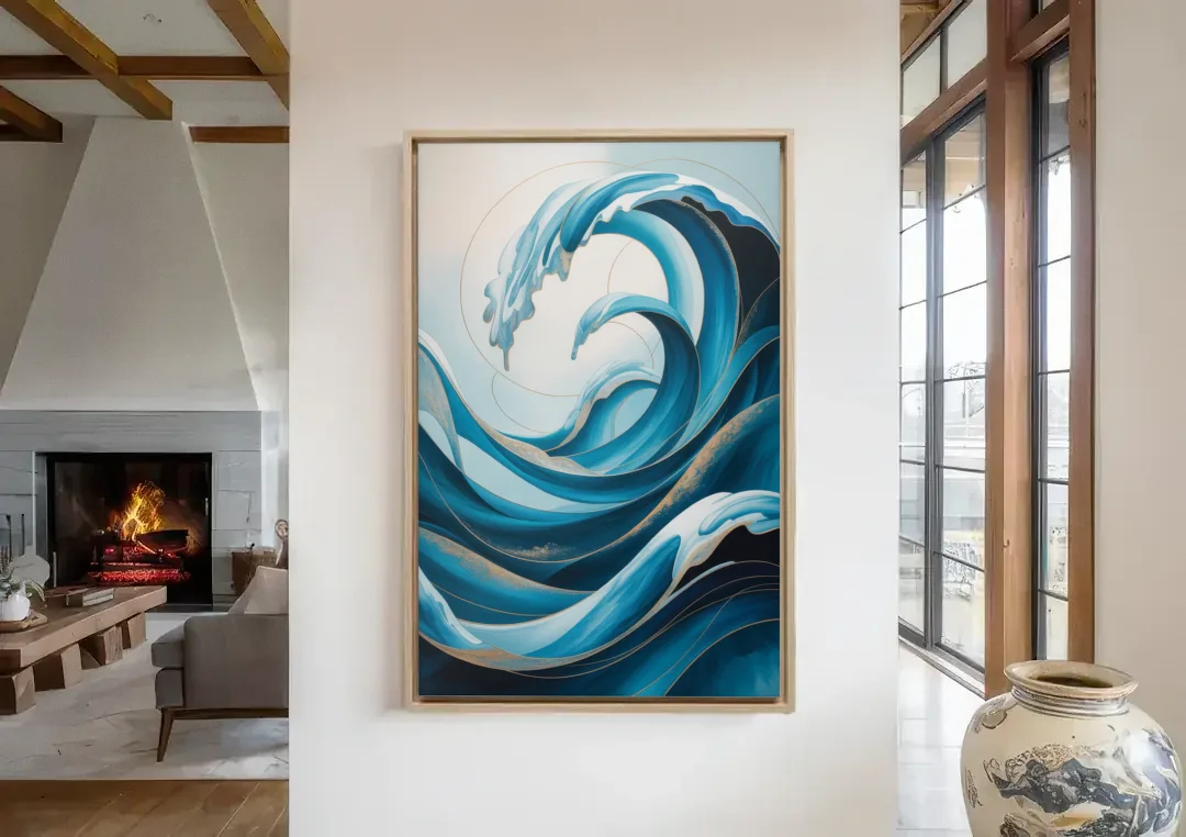 Ocean Currents Blue Abstract canvas wall art in a living room with a fireplace