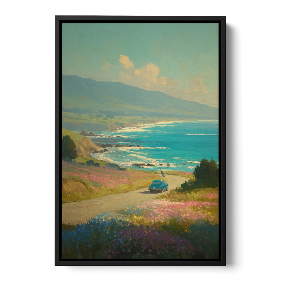 Ocean Painting of a Sardinian Coast Road - Black Framed Canvas Wall Art - Front