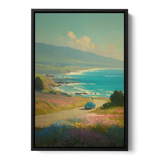 Ocean Painting of a Sardinian Coast Road - Black Framed Canvas Wall Art - Front