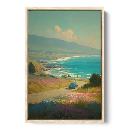 Ocean Painting of a Sardinian Coast Road - Oak Framed Canvas Wall Art - Front