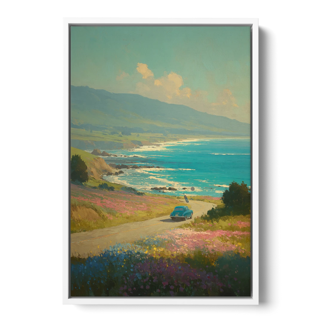 Ocean Painting of a Sardinian Coast Road - White Framed Canvas Wall Art - Front