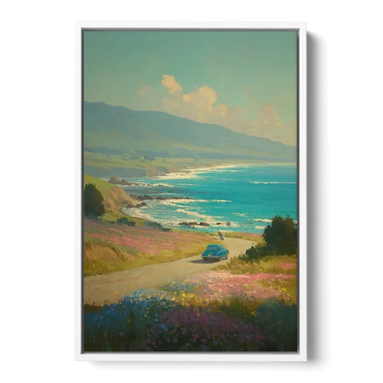 Ocean Painting of a Sardinian Coast Road - White Framed Canvas Wall Art - Front