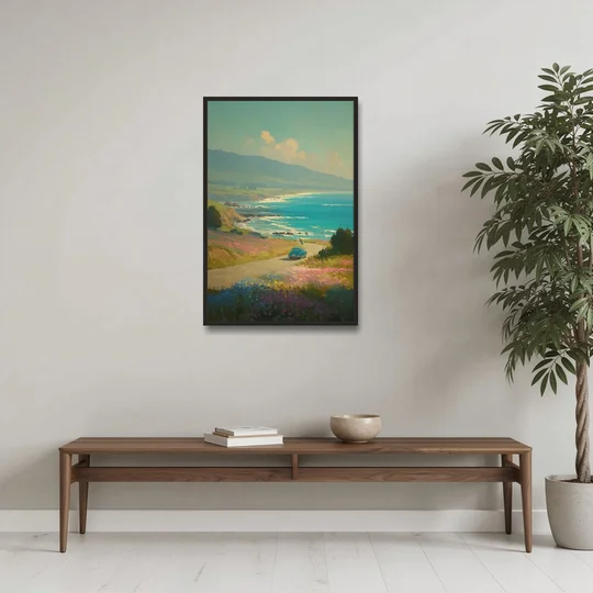 Ocean Painting of a Sardinian Coast Road - Black Framed Canvas Wall Art - Coffee Table - 24x36