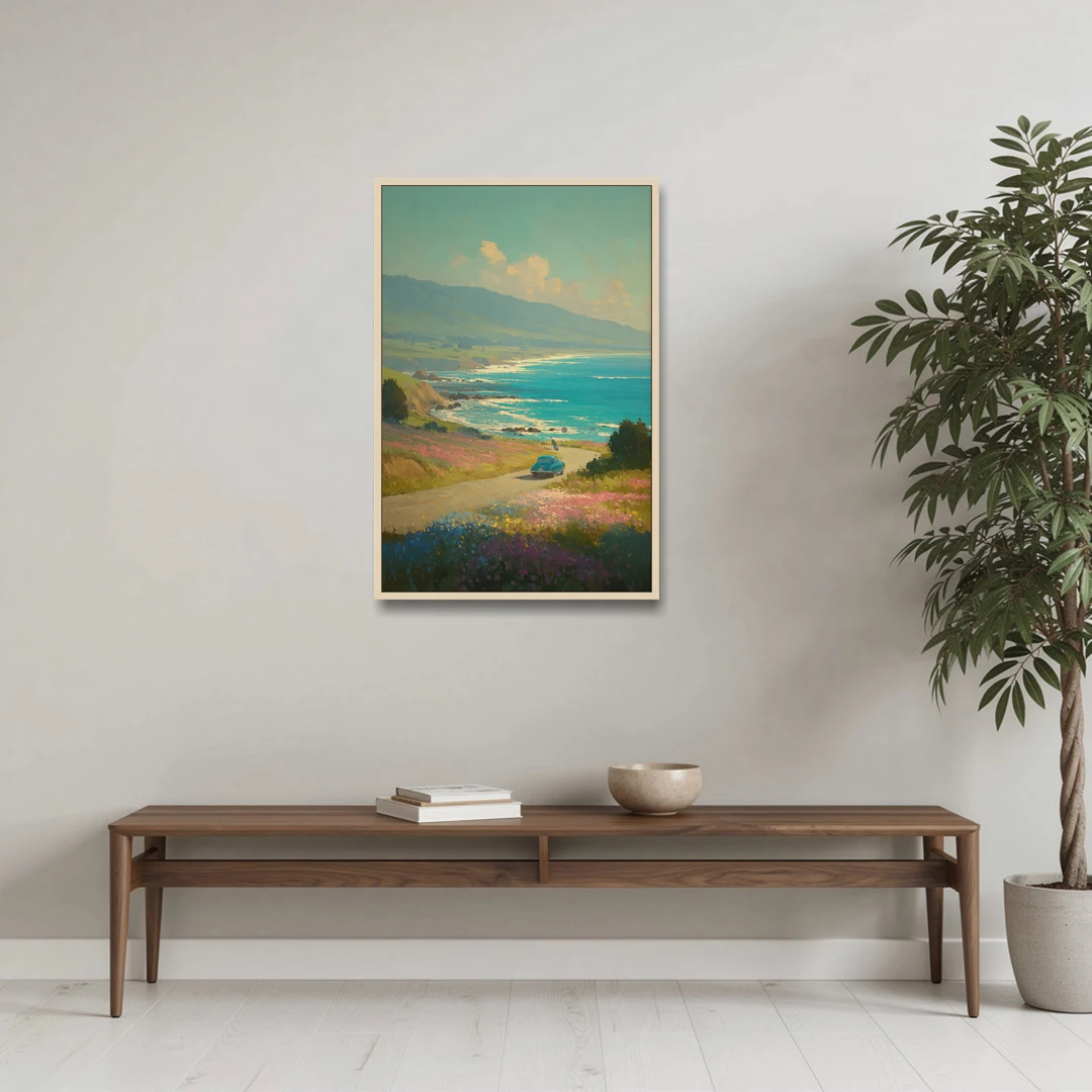 Ocean Painting of a Sardinian Coast Road - Oak Framed Canvas Wall Art - Coffee Table - 24x36