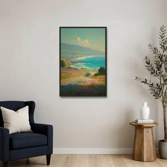 Ocean Painting of a Sardinian Coast Road - Black Framed Canvas Wall Art - Sofa - 24x36