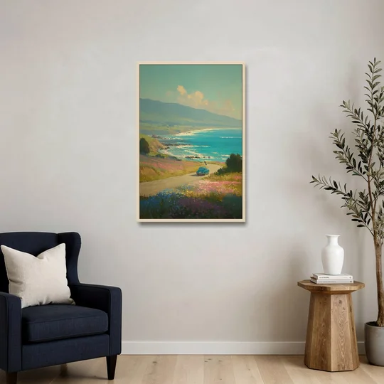 Ocean Painting of a Sardinian Coast Road - Oak Framed Canvas Wall Art - Sofa - 24x36