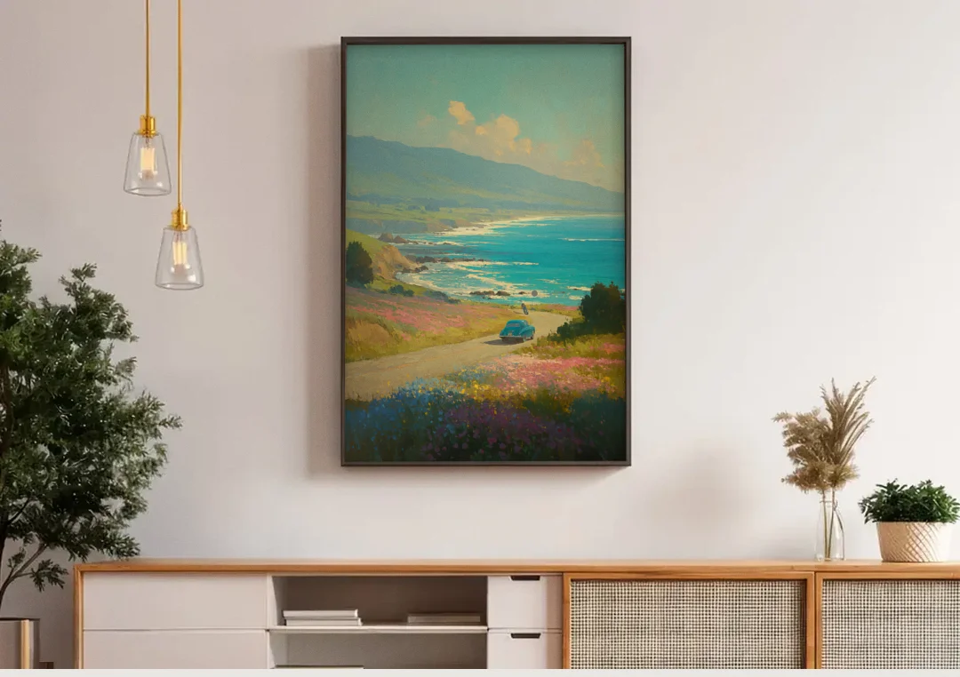 Ocean Painting of a Sardinian Coast Road canvas wall art above a wooden sideboard under pendant lights