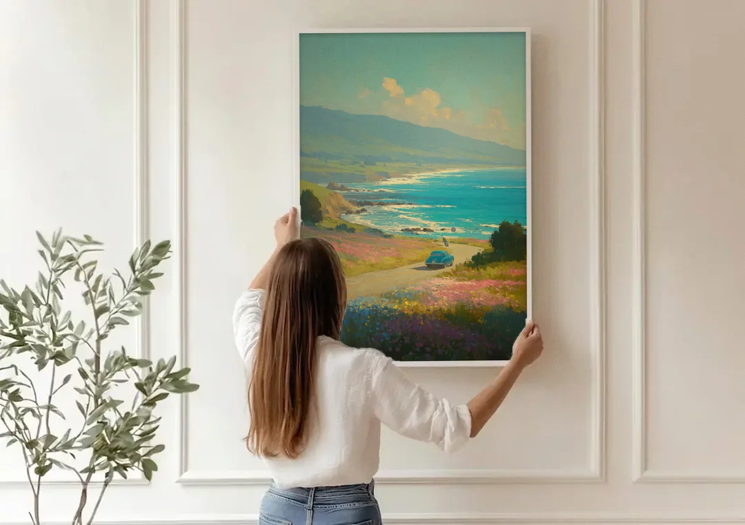 Ocean Painting of a Sardinian Coast Road canvas wall art being hung on a paneled wall