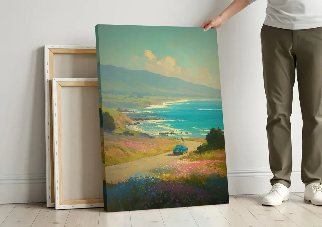 Ocean Painting of a Sardinian Coast Road canvas wall art leaning against a wall next to blank canvases