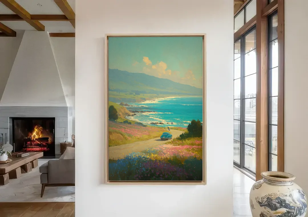 Ocean Painting of a Sardinian Coast Road canvas wall art in a living room with a fireplace