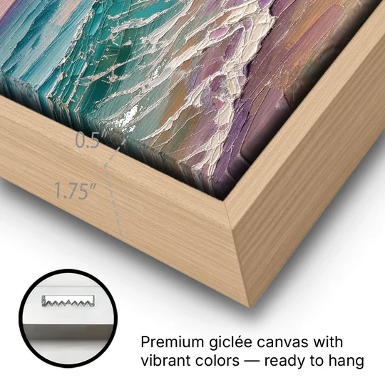 Ocean Wave Painting of a Sunset Curl - Oak Framed Canvas Wall Art - Gallery Wrap Corner