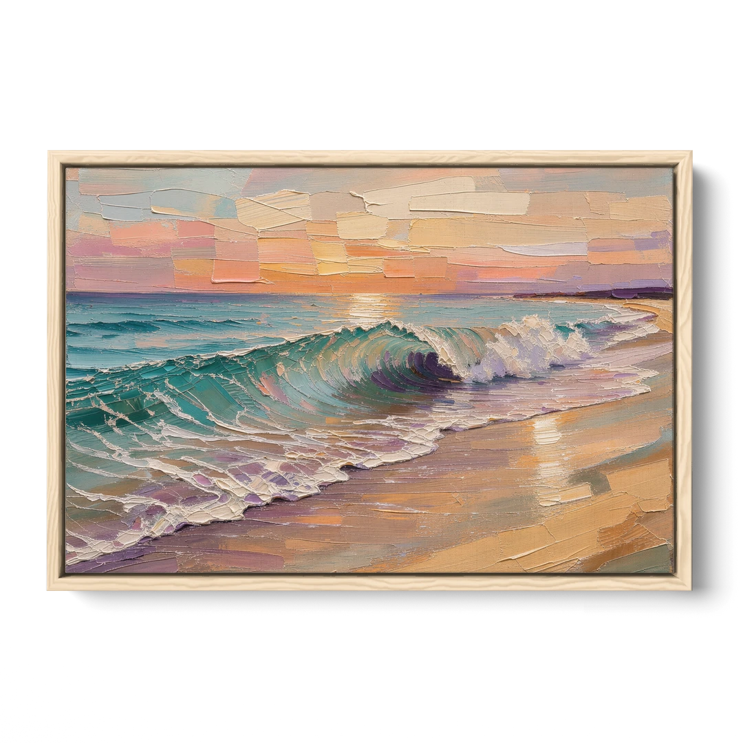 Ocean Wave Painting of a Sunset Curl - Oak Framed Canvas Wall Art - Front
