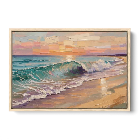 Ocean Wave Painting of a Sunset Curl - Oak Framed Canvas Wall Art - Front