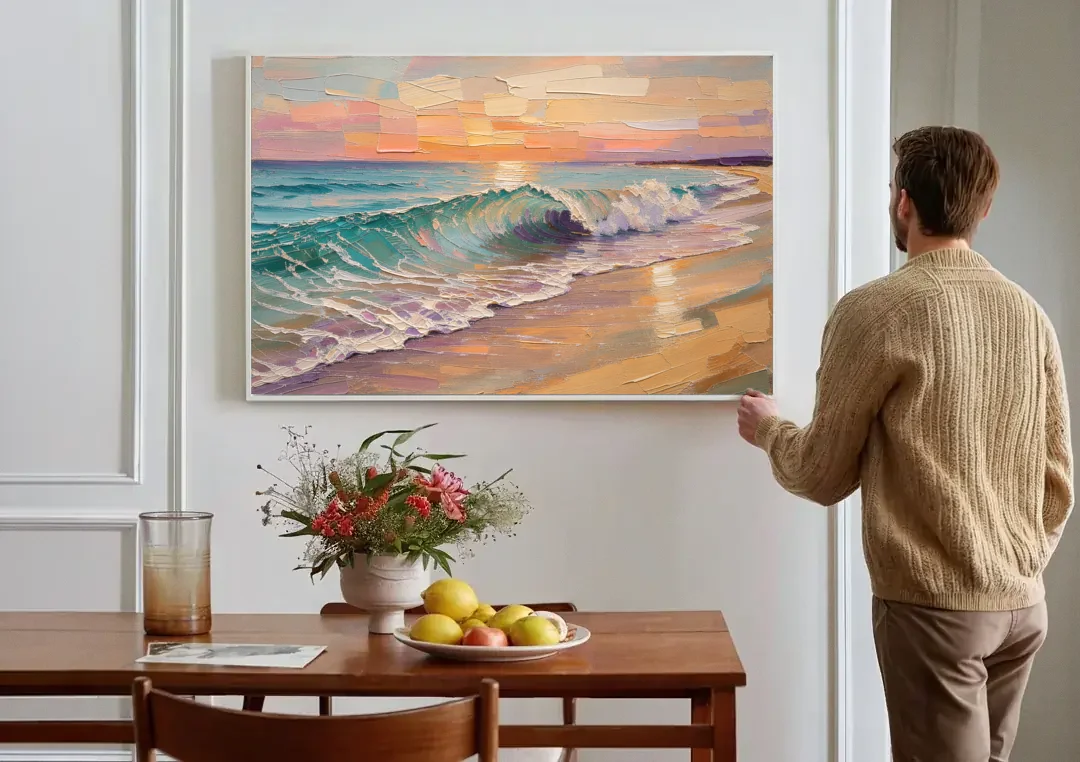 Ocean Wave Painting of a Sunset Curl canvas wall art above a dining table