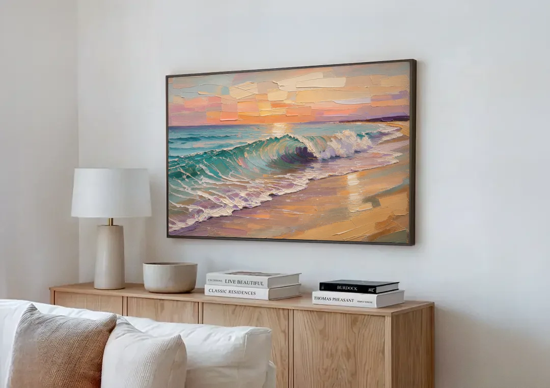 Ocean Wave Painting of a Sunset Curl canvas wall art above a wooden sideboard next to a sofa