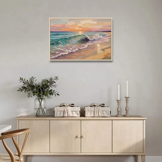 Ocean Wave Painting of a Sunset Curl - Oak Framed Canvas Wall Art - Coffee Table - 36x24