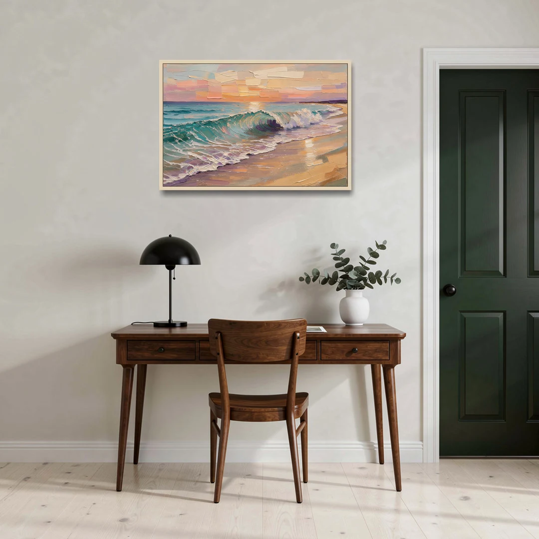 Ocean Wave Painting of a Sunset Curl - Oak Framed Canvas Wall Art - Office - 36x24