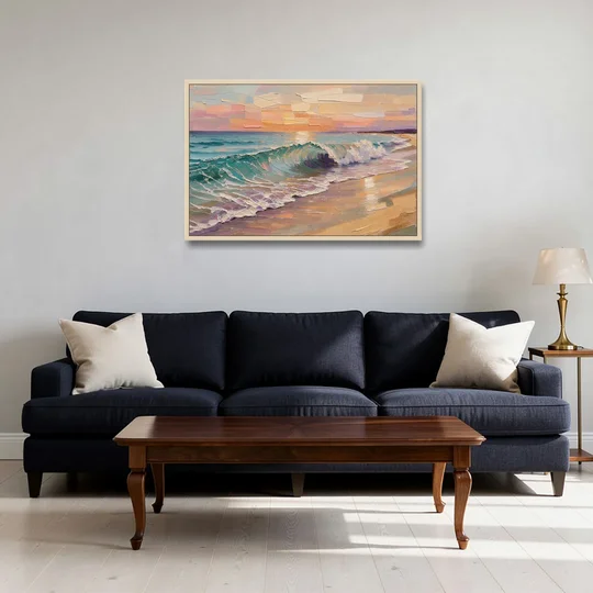 Ocean Wave Painting of a Sunset Curl - Oak Framed Canvas Wall Art - Sofa - 36x24