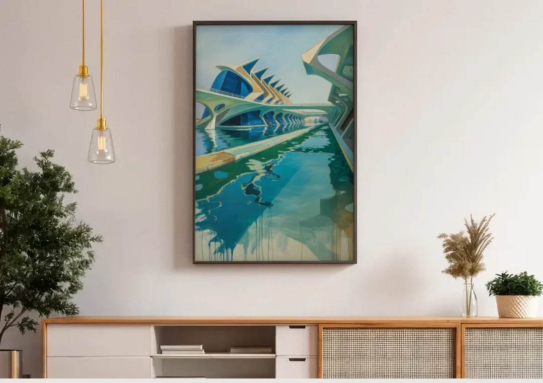 Oceanografic Valencia canvas wall art above a wooden sideboard under pendant lights