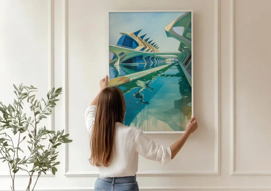 Oceanografic Valencia canvas wall art being hung on a paneled wall
