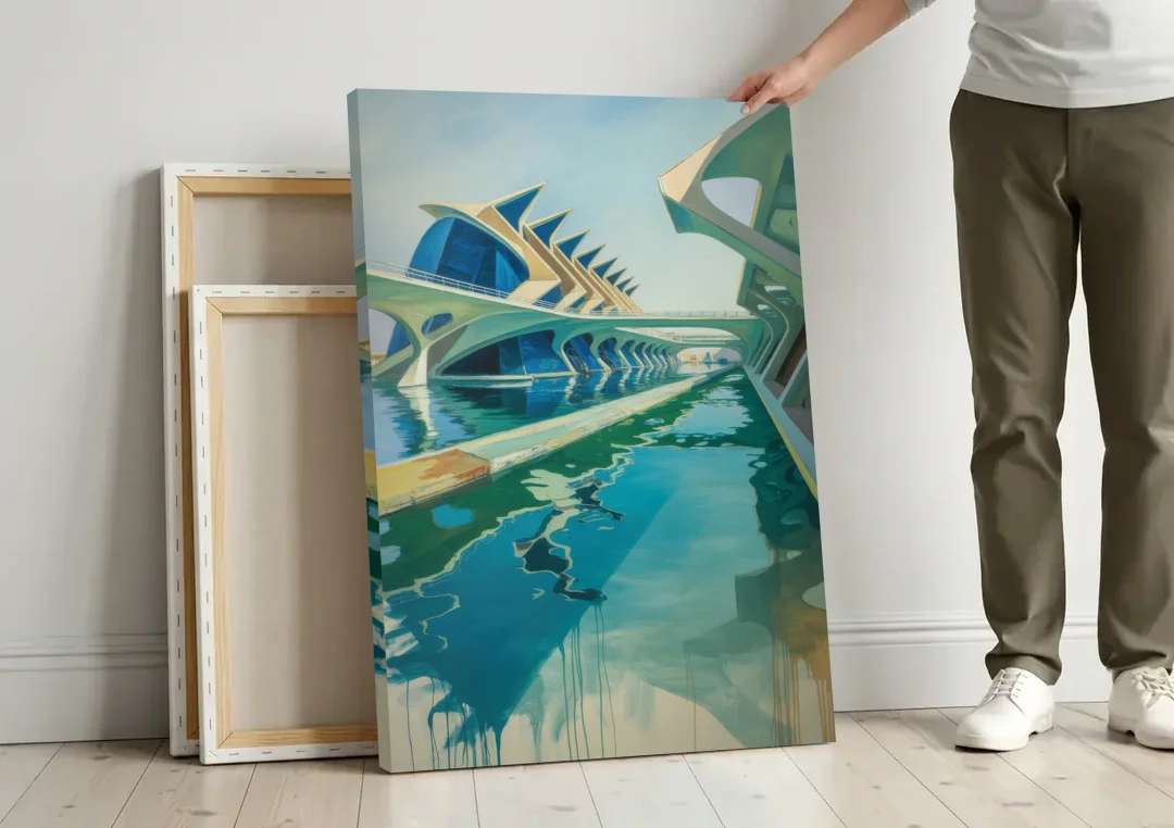 Oceanografic Valencia canvas wall art leaning against a wall next to blank canvases