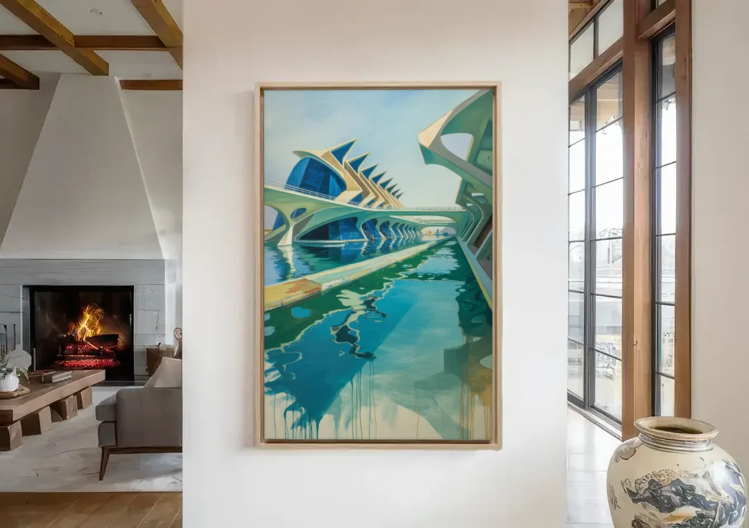 Oceanografic Valencia canvas wall art in a living room with a fireplace