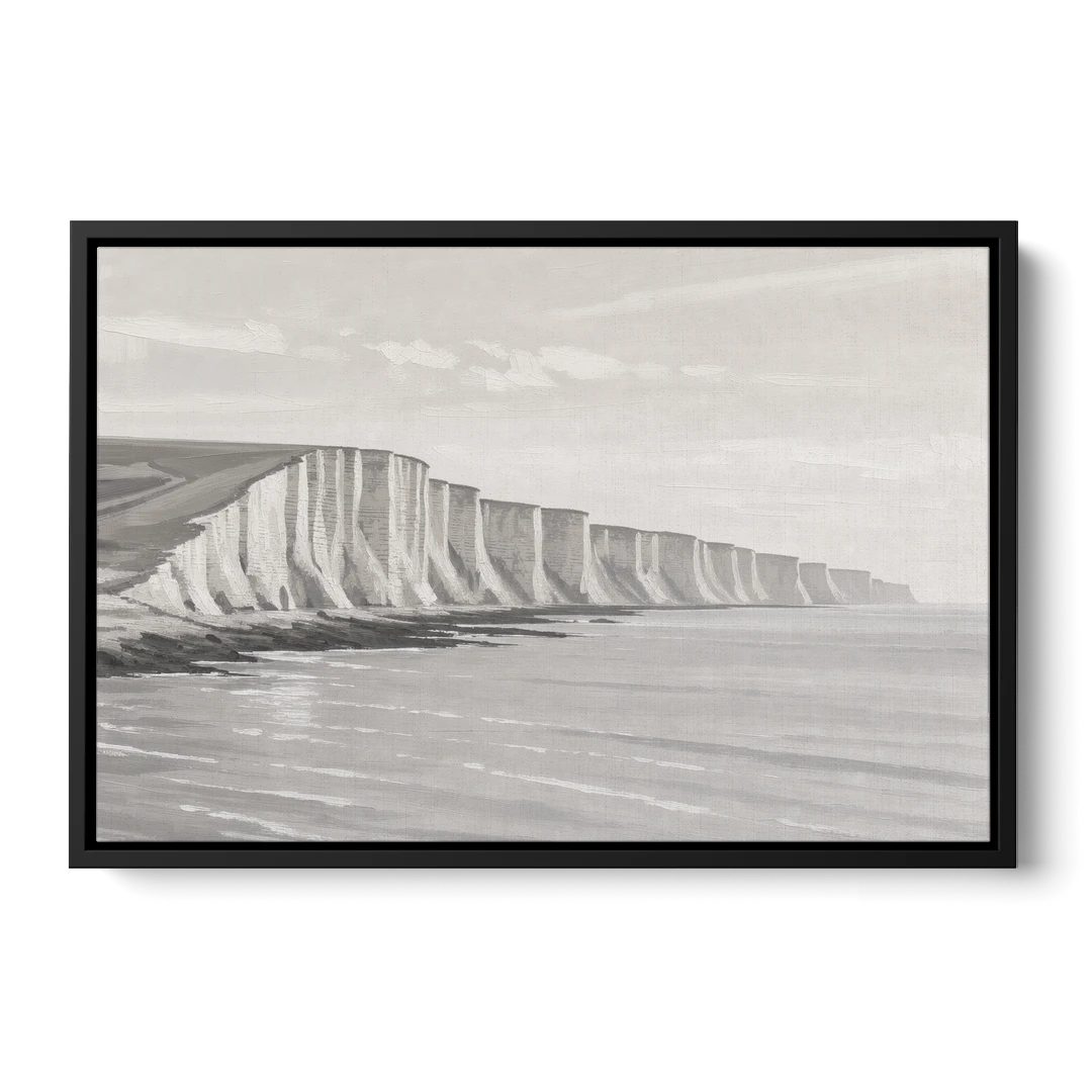 Office Art Prints Chalk Cliffs Above a Calm Sea - Black Framed Canvas Wall Art - Front