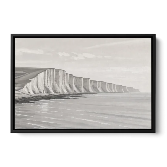 Office Art Prints Chalk Cliffs Above a Calm Sea - Black Framed Canvas Wall Art - Front