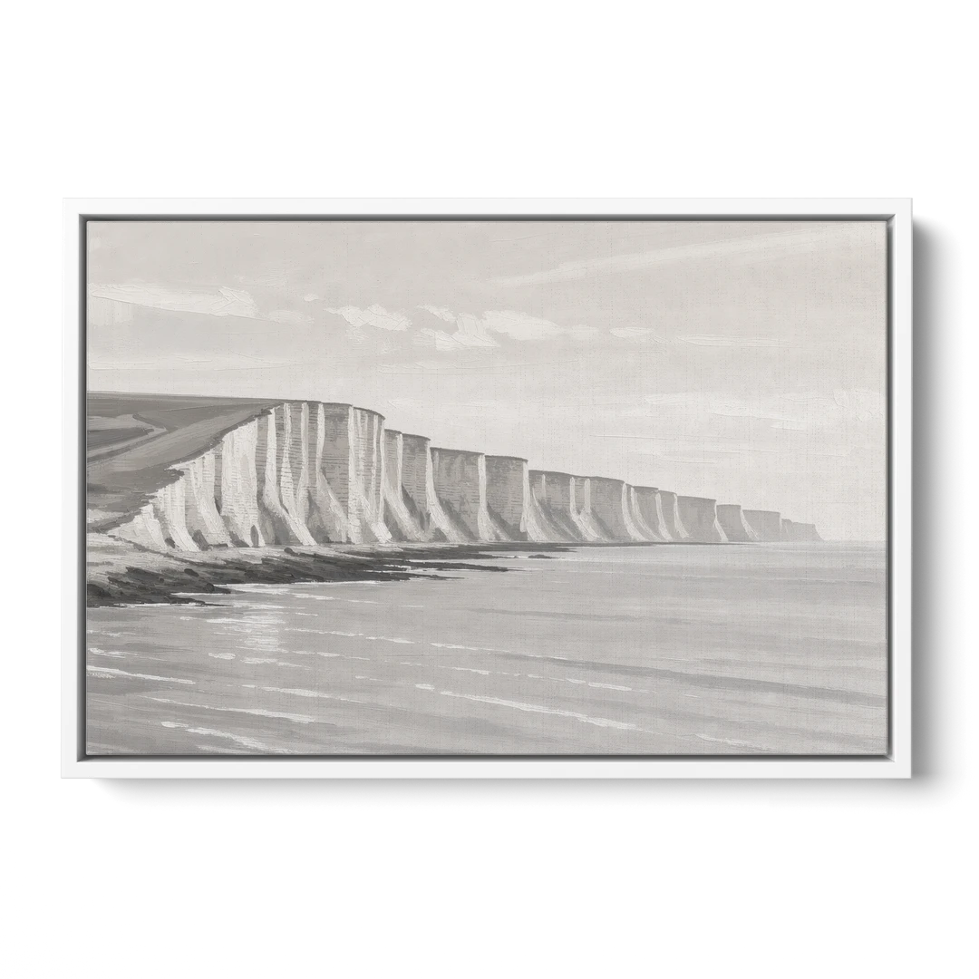 Office Art Prints Chalk Cliffs Above a Calm Sea - White Framed Canvas Wall Art - Front