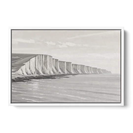 Office Art Prints Chalk Cliffs Above a Calm Sea - White Framed Canvas Wall Art - Front