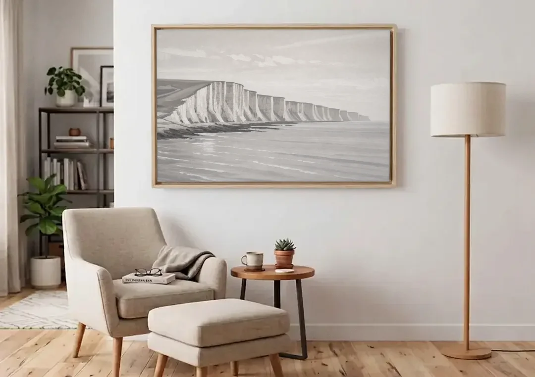 Office Art Prints Chalk Cliffs Above a Calm Sea canvas wall art above an armchair in a bright living room