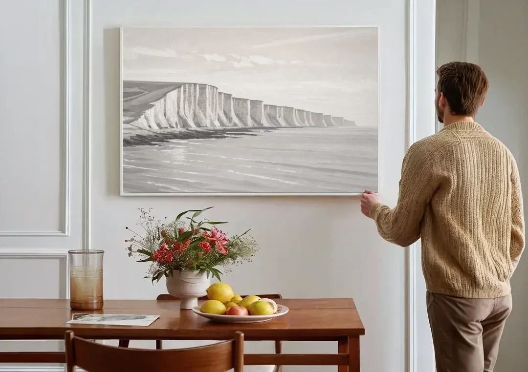 Office Art Prints Chalk Cliffs Above a Calm Sea canvas wall art above a dining table