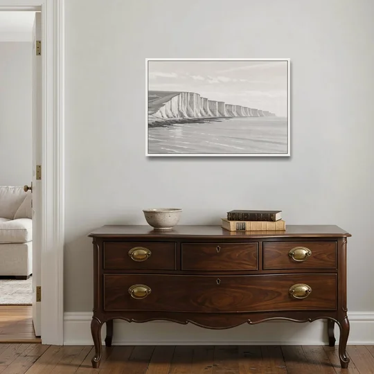 Office Art Prints Chalk Cliffs Above a Calm Sea - White Framed Canvas Wall Art - Coffee Table - 36x24